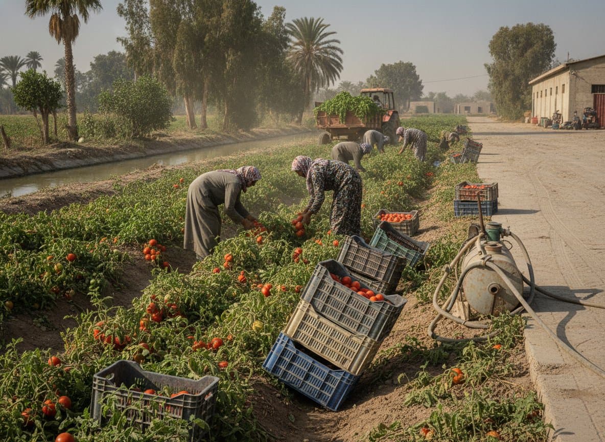 Farm workers hand-picking ripe tomatoes into plastic crates in a Nile Delta field