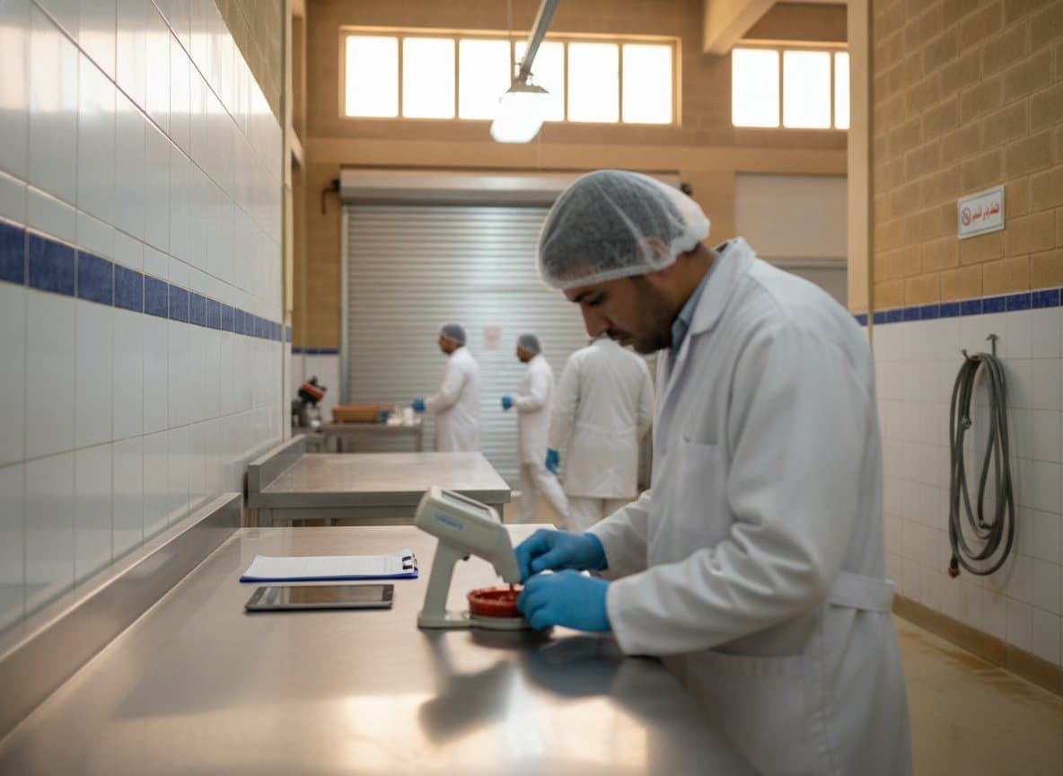 Lab technician in a white coat using a refractometer to test a tomato paste sample, with a tablet for recording results